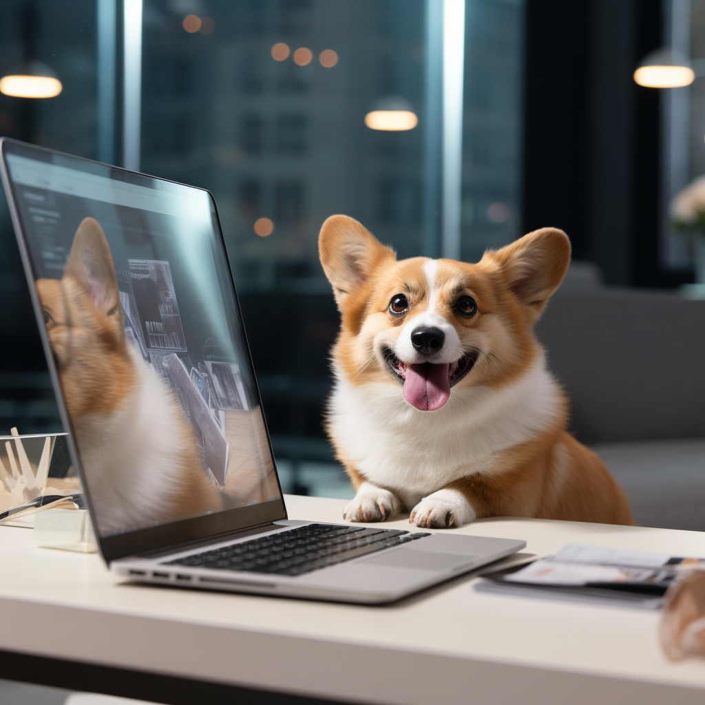 A Corgi seated at a desk, smiling in front of a laptop