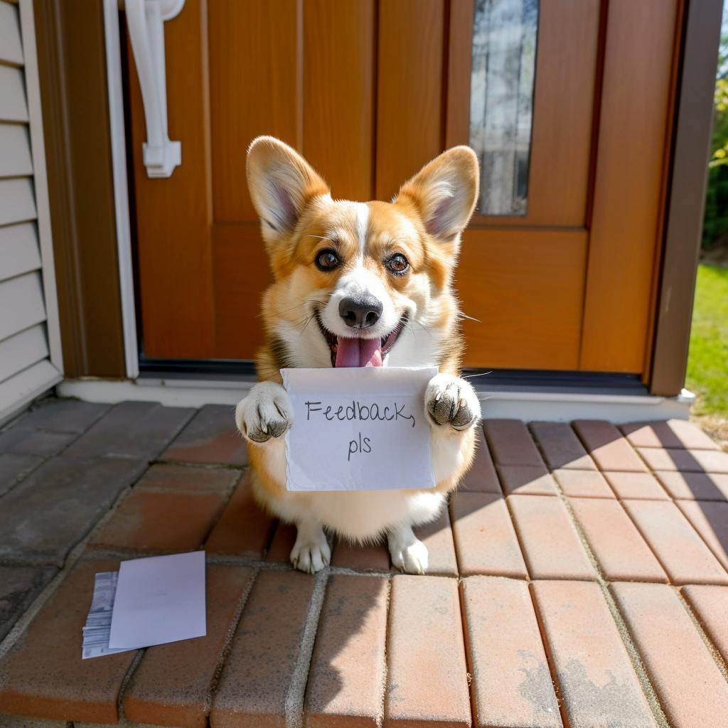 A corgi on a porch holding an envelope