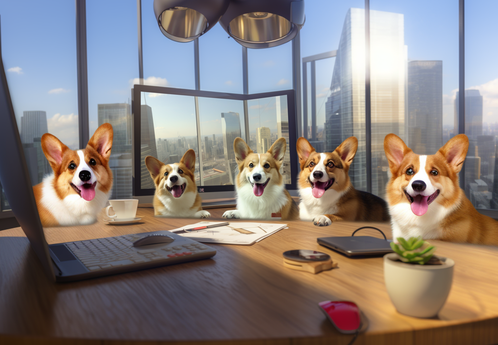 A group of Corgis arranged at a conference table with a city skyline in the background