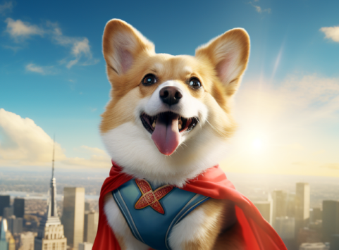 A Corgi dressed as a superhero standing in front of a city skyline