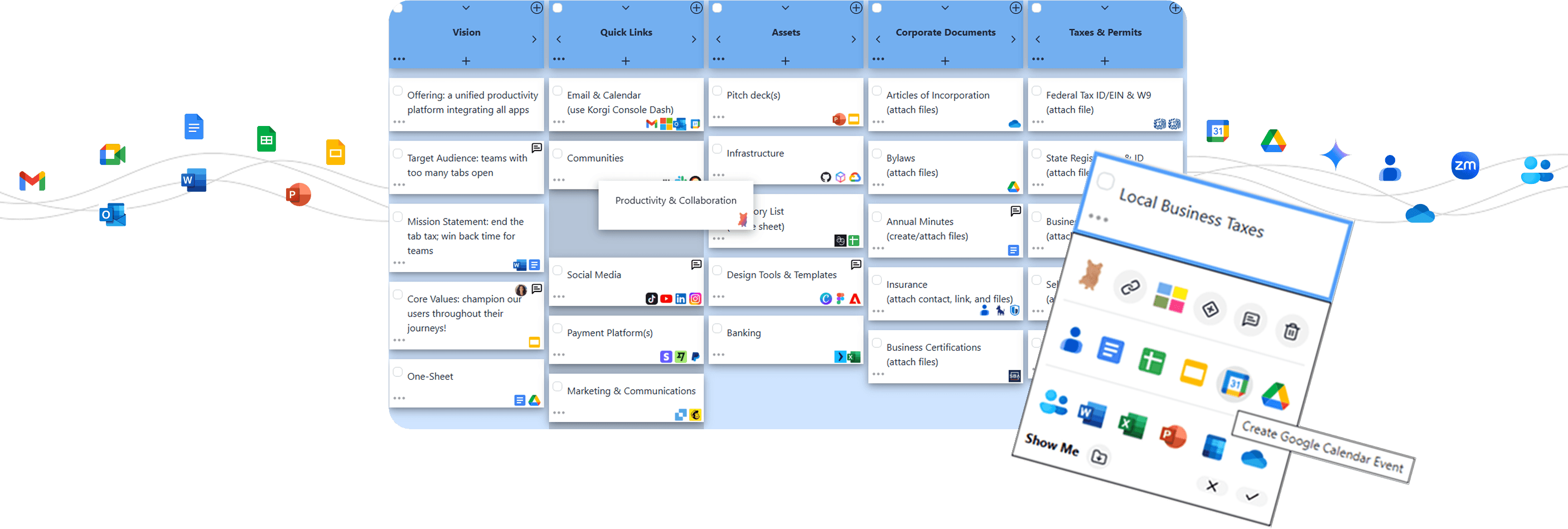 A whiteboard with digital cards containing business organizing to dos and displaying bookmark icons for related sites, with a single card in the forefront with rows of application icons, and a series of application icons to the left and right of the board. A whiteboard with digital cards containing business organizing to dos and displaying bookmark icons for related sites, with a single card in the forefront with rows of application icons, and a series of application icons to the left and right of the board.