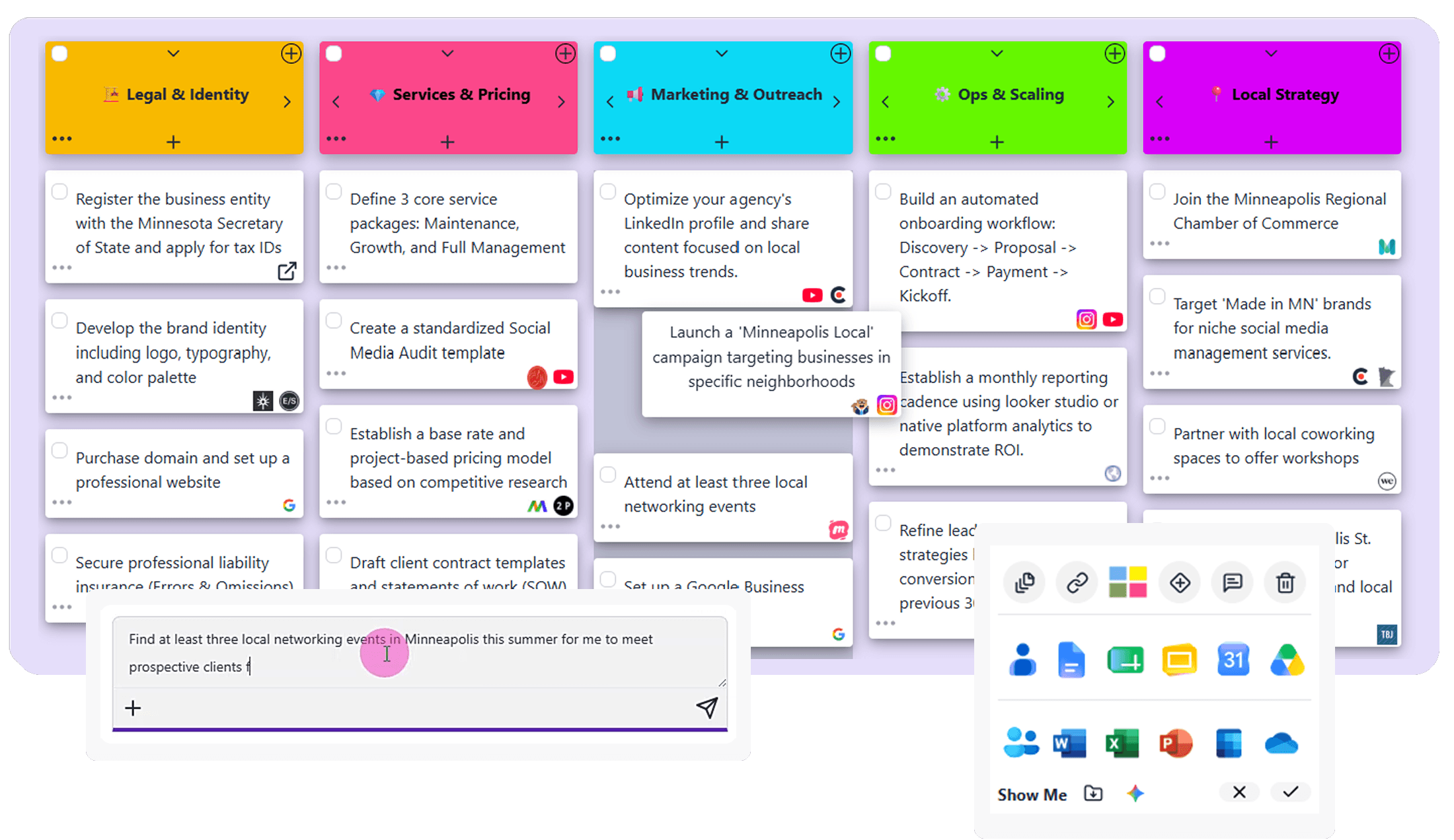 A whiteboard with digital cards containing business organizing to dos and displaying bookmark icons for related sites, with a single card in the forefront with rows of application icons, and a series of application icons to the left and right of the board. A whiteboard with digital cards containing business organizing to dos and displaying bookmark icons for related sites, with a single card in the forefront with rows of application icons, and a series of application icons to the left and right of the board.