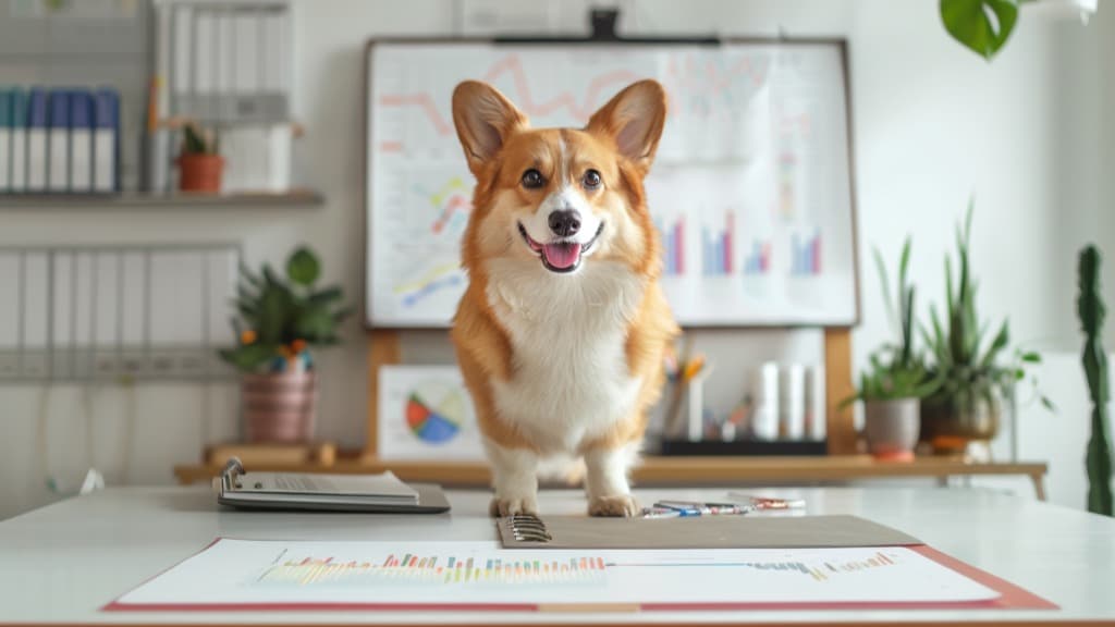 A group of Corgis arranged at a conference table with a city skyline in the background