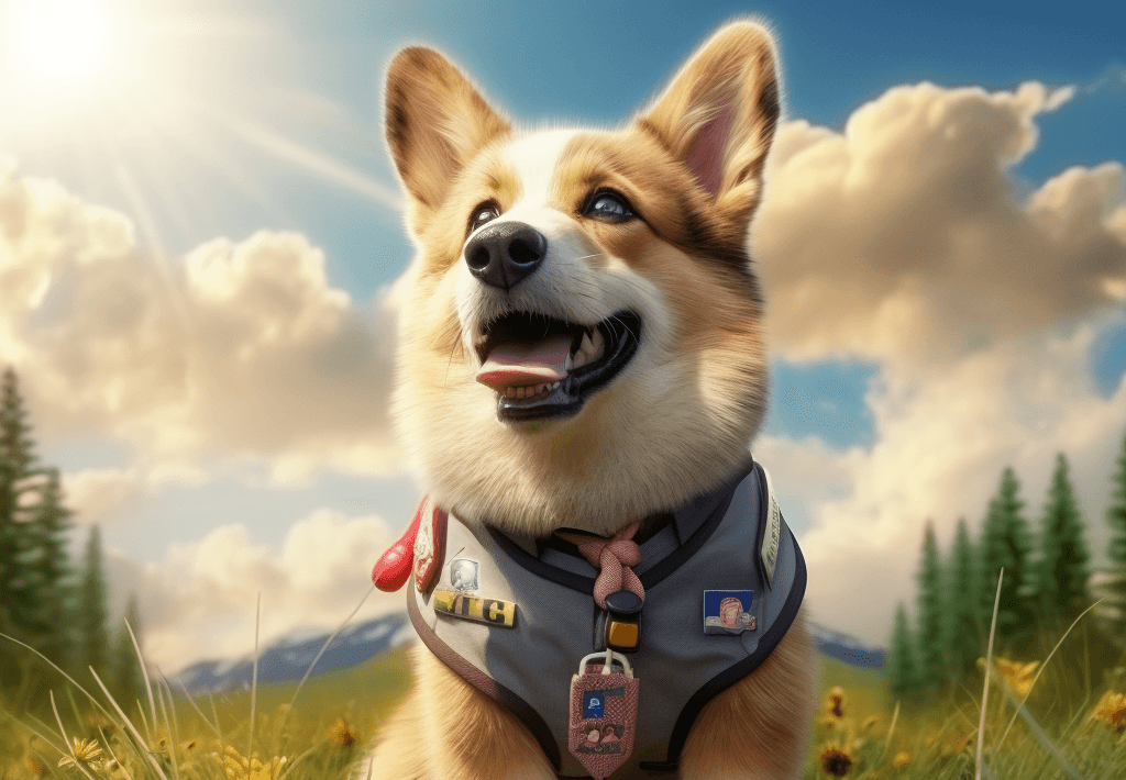 A Corgi dressed as a superhero standing in front of a city skyline